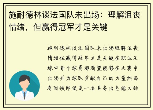 施耐德林谈法国队未出场：理解沮丧情绪，但赢得冠军才是关键