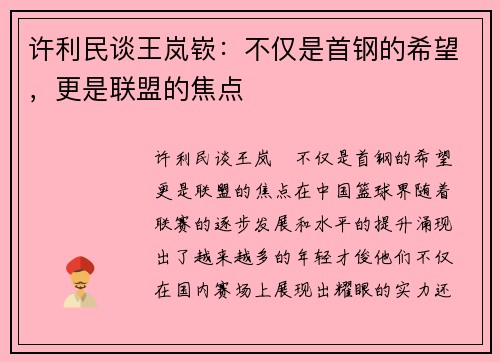 许利民谈王岚嵚：不仅是首钢的希望，更是联盟的焦点