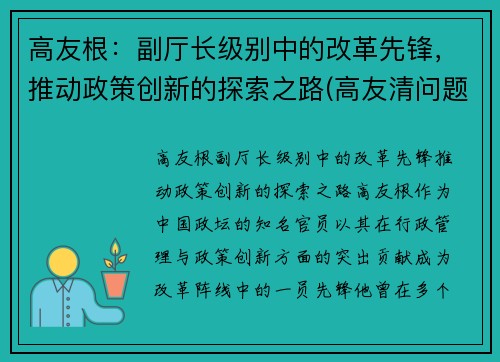 高友根：副厅长级别中的改革先锋，推动政策创新的探索之路(高友清问题)